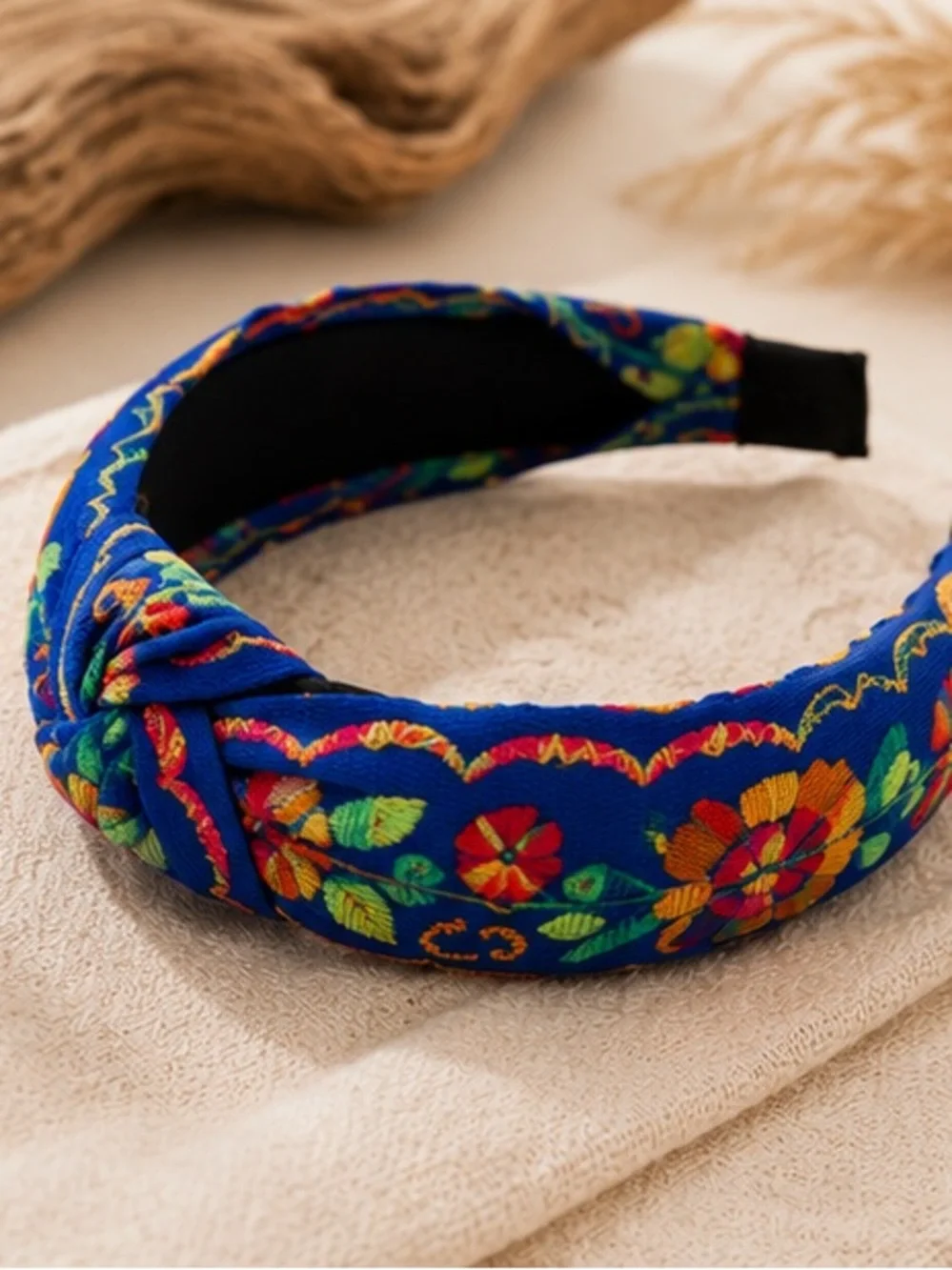 Royal Blue Embroidered Knotted Headband Boho Floral Hair Accessory